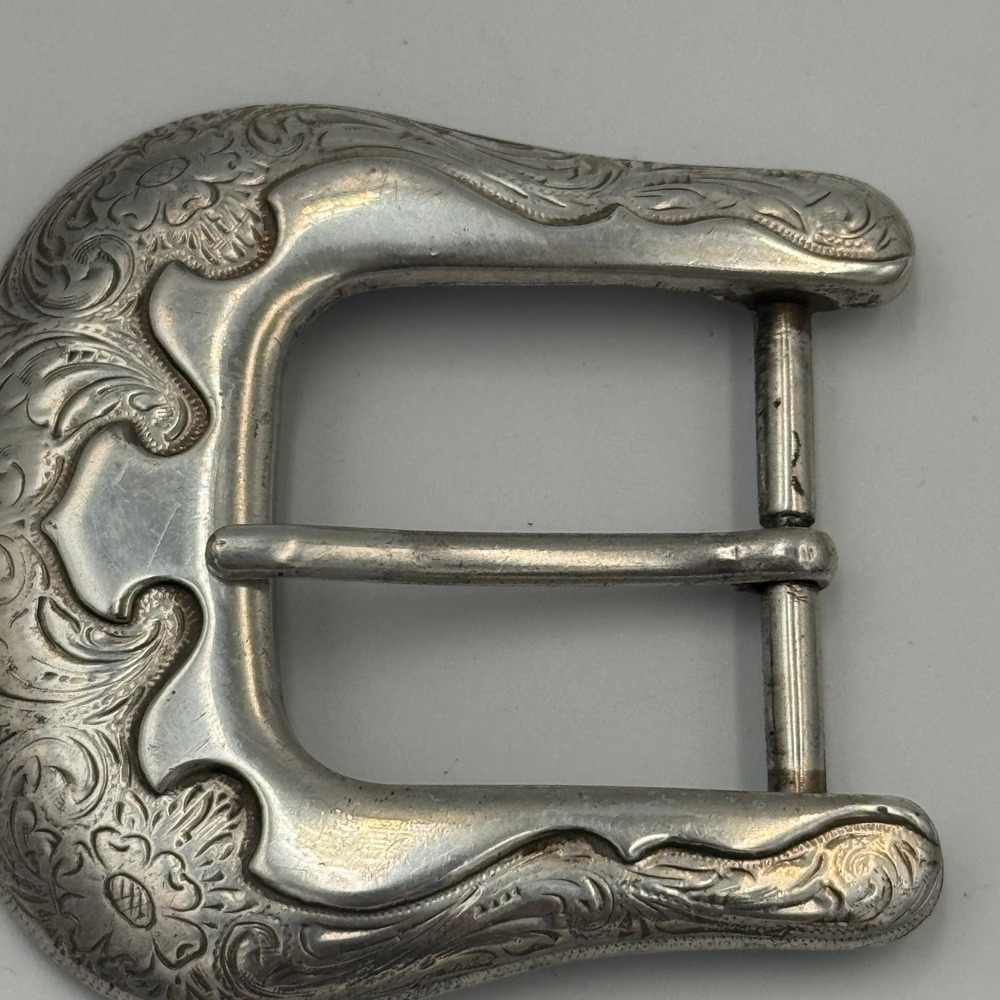 Ivan Vintage Western Belt Buckle Silver Tone Floral Engraved Scroll Taiwan 2.75"